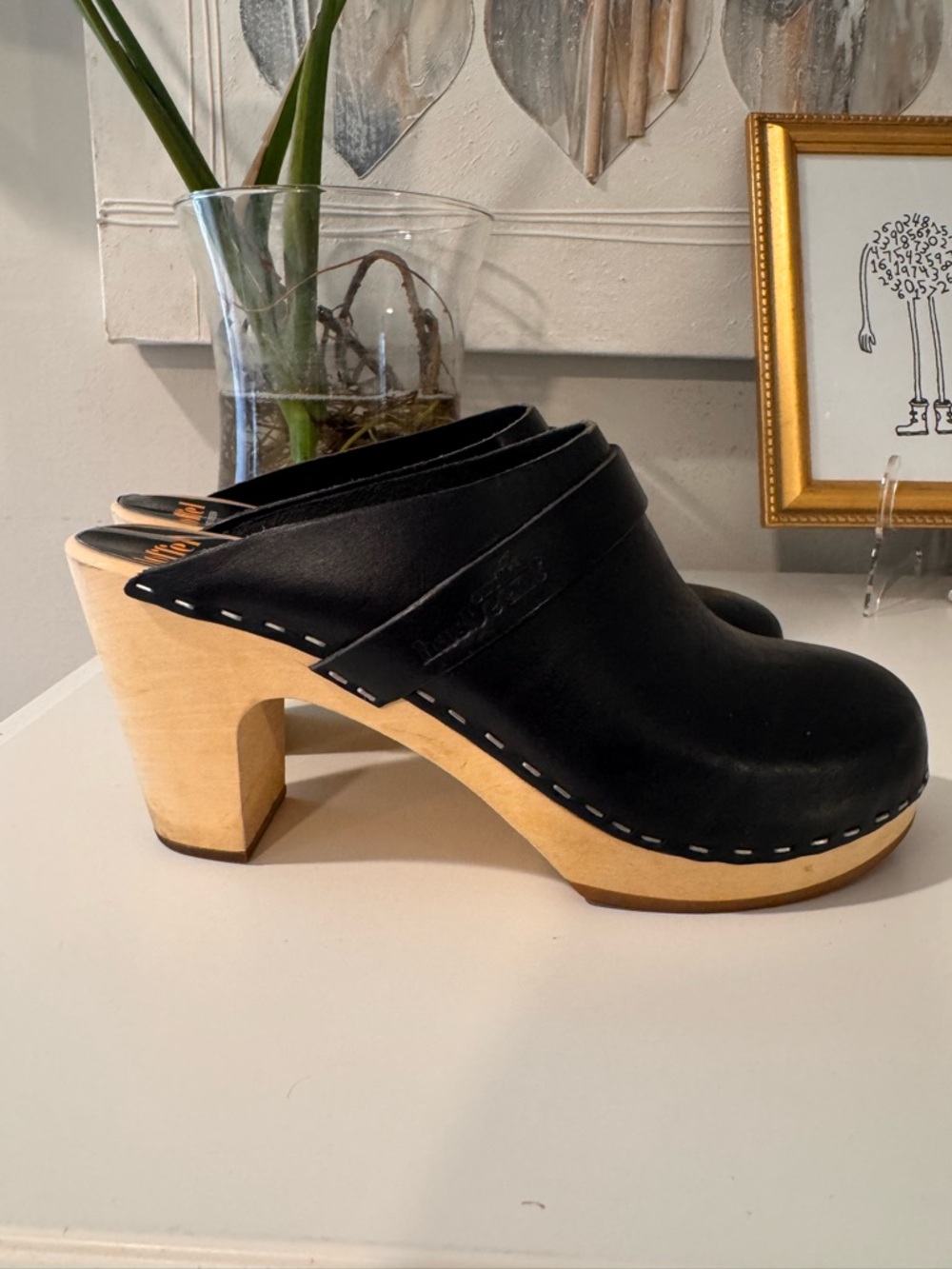 Swedish HASBEENS Black Leather Mule Clogs - wooden Heal Timeless chic ER38/US7.5 - Picture 9 of 16